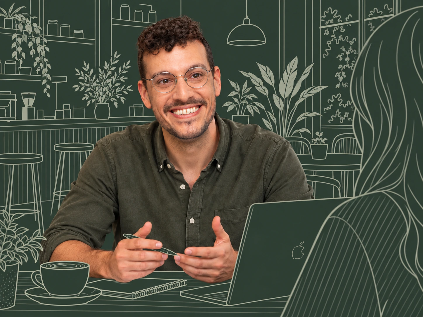 המחשה של ליעד סיטבון בשיחה בבית קפה, על רקע מאויר
